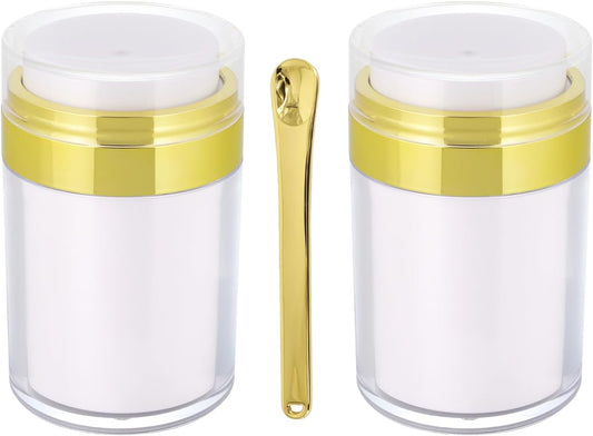 2Pack Airless Pump Jars with Cosmetic Spatula, 3.5 oz Empty Refillable Cosmetic Air Pump Jars Bottles Airless Lotion Cream Dispenser Portable Travel Makeup Containers (Gold)
