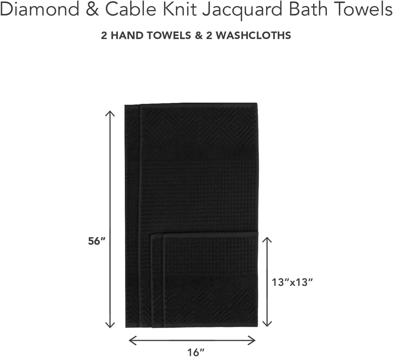 Texere 100% Organic Cotton Diamond Jacquard 700 GSM Luxury Bath Towel Sets - Ultra Soft and Absorbent Hotel and Spa Quality (Diamond, Black, 2 Hand & 2 Wash Towels)