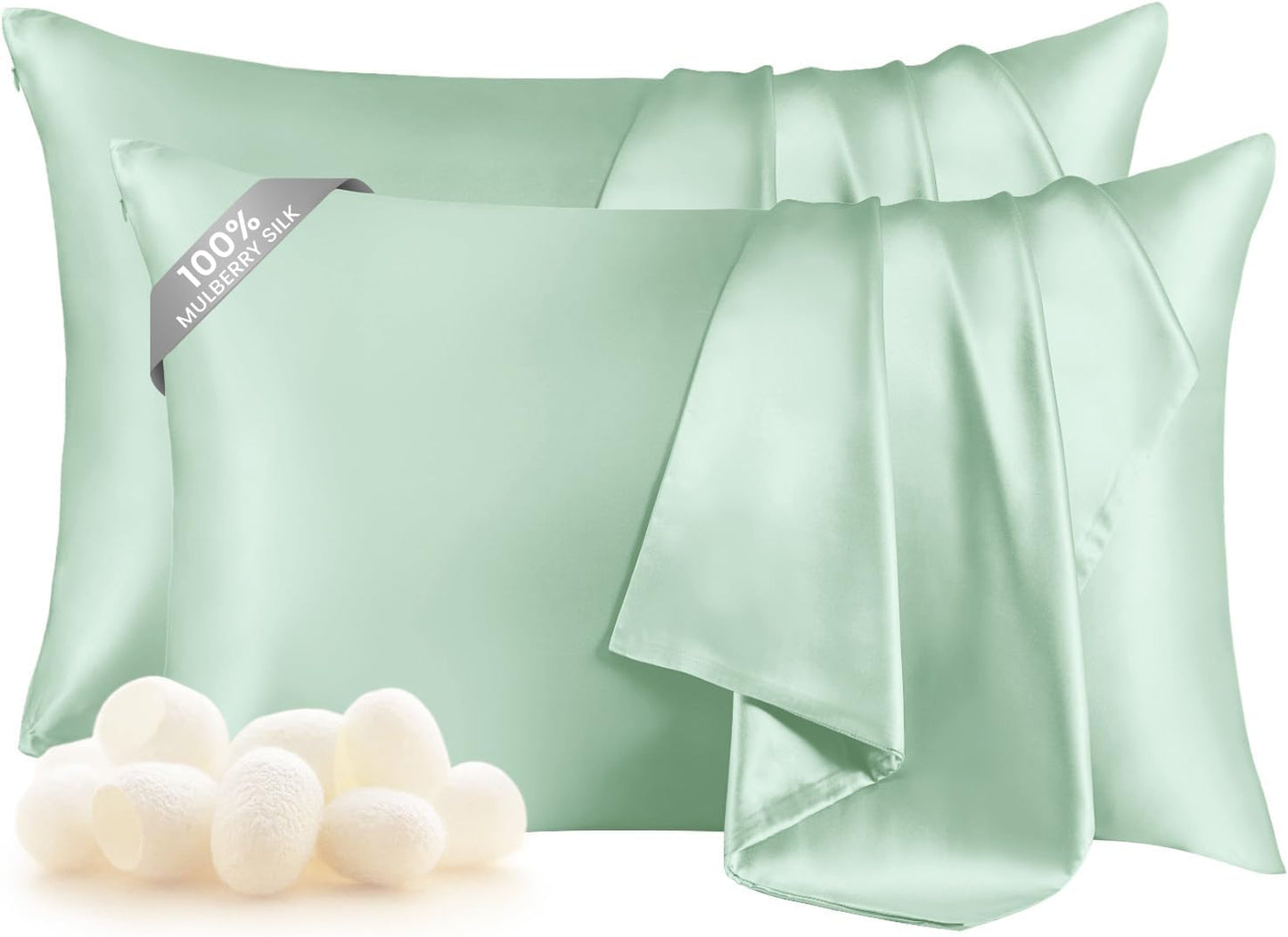 THXSILK Set of 2 Silk Pillowcase for Hair and Skin, 100% Mulberry Silk Bed Pillowcase Ultra-Soft, Hypoallergenic Soft Breathable Silk Pillow Case with Hidden Zipper, King Size 20"x36", Turquoise Green
