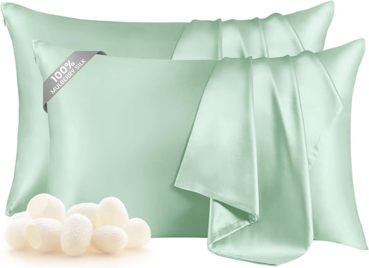 THXSILK Set of 2 100% Mulberry Silk Pillowcase for Hair and Skin Health, Soft Breathable and Smooth Pillowcases with Hidden Zipper, Both Sides Premium Grade 6A+ Silk, Standard 20"x26", Turquoise Green