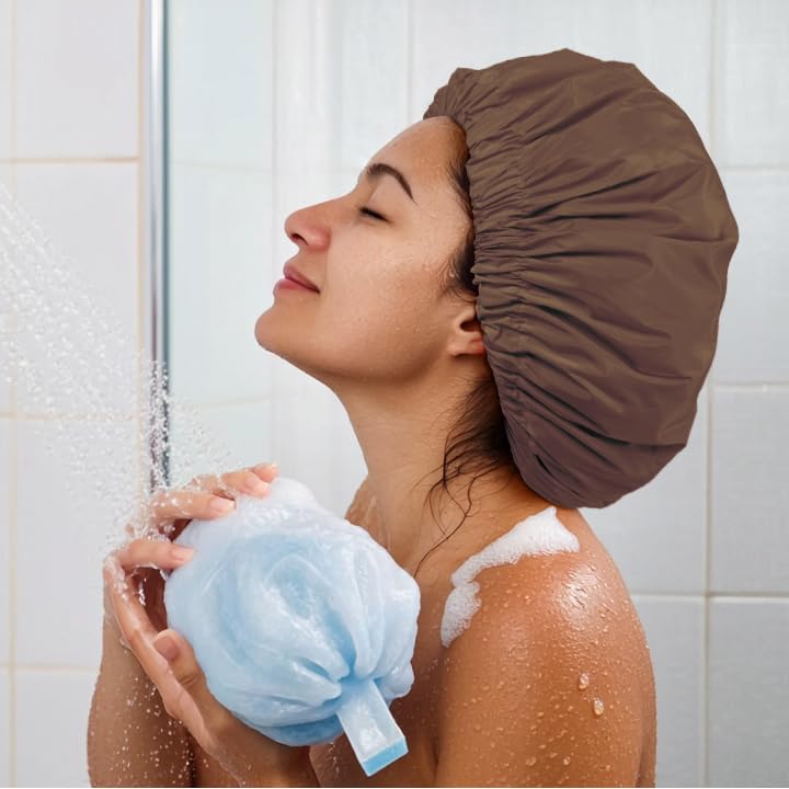 Reusable Shower Cap for Women, Large Waterproof Shower Bonnet Washable Elastic Band Bath Accessories Hair Hat for Long Hair, Braids(Brown)
