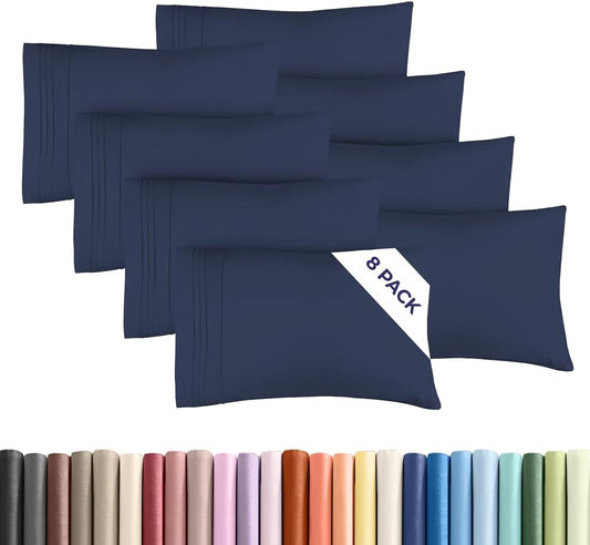 Queen Pillow Cases Set of 8 - Ultra Soft Hotel Quality Pillowcase Covers - Comfy, Cozy & Wrinkle Free - Shrink, Stain and Fade Resistant - Machine Washable Pillow Protectors - 8 Piece Set - Navy Blue