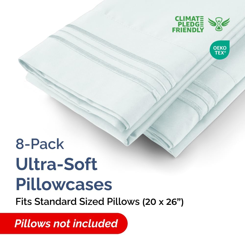 Standard Pillow Cases Set of 8 - Ultra Soft Hotel Quality Pillowcase Covers - Comfy, Cozy & Wrinkle Free - Shrink, Stain & Fade Resistant - Machine Washable Pillow Protectors - 8 Piece Set - Ice Blue