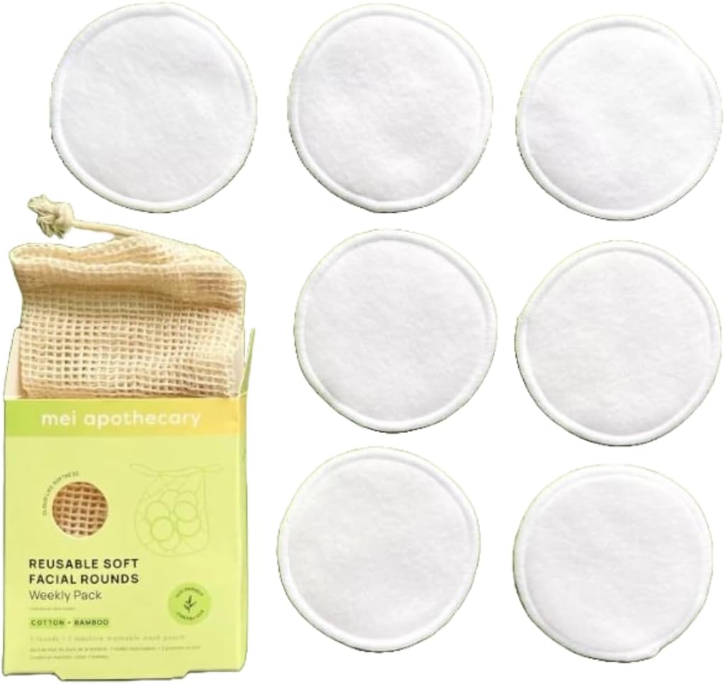 Mei Apothecary Soft Reusable Makeup Remover Pads Weekly Pack - 7 Pack Bamboo Cotton Rounds, Washable & Eco-Friendly, Zero Waste for All Skin Types