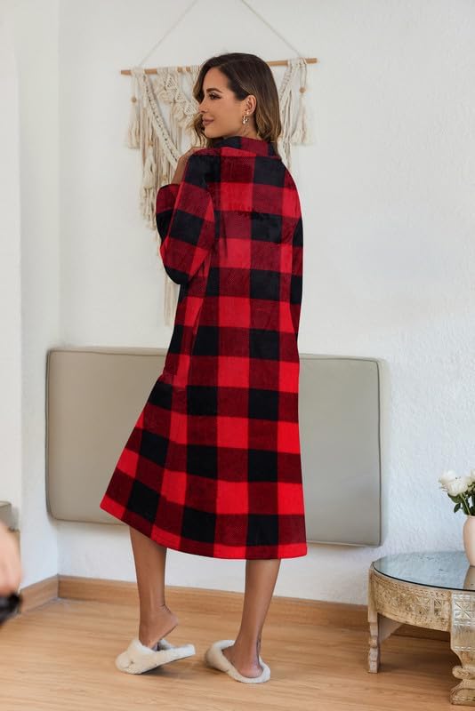 Ekouaer Women's Zip Up Robe Fleece Bathrobe Long Zipper Lounger Warm Housecoat Long Sleeve Nightgown with Pockets S-XXL