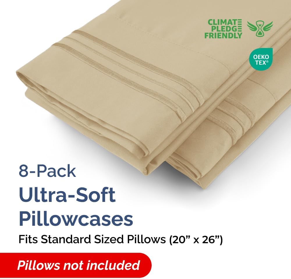 Standard Pillow Cases Set of 8 - Ultra Soft Hotel Quality Pillowcase Covers - Comfy, Cozy & Wrinkle Free - Shrink, Stain and Fade Resistant - Machine Washable Pillow Protectors - 8 Piece Set - Beige