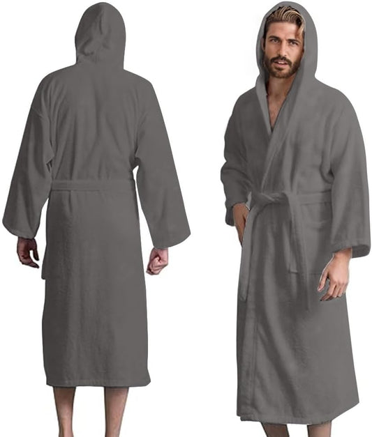 Men’s Hooded Bathrobe, 100% Cotton Terry Bathrobe, Spa Style Bath Robe, Absorbent Shower Robe, Lightweight Towel Bathrobes