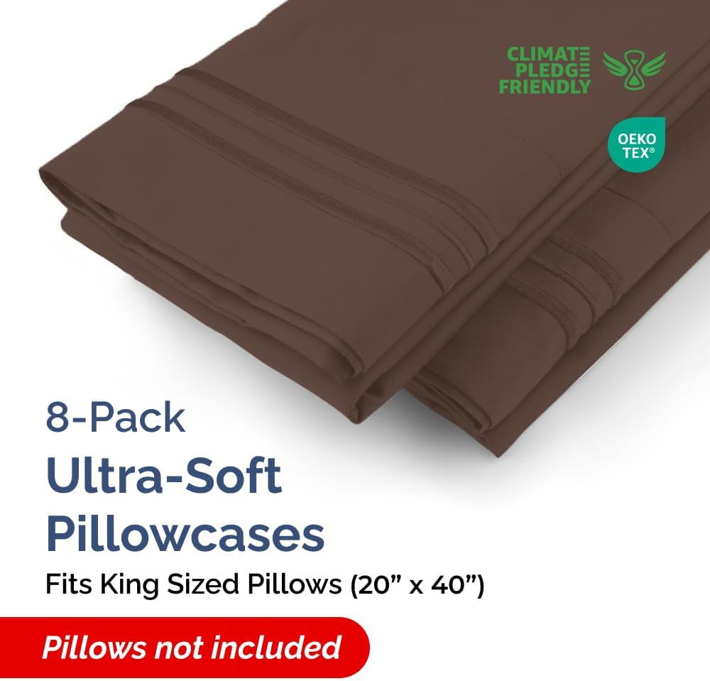 King Pillow Cases Set of 8 - Ultra Soft Hotel Quality Pillowcase Covers - Comfy & Wrinkle Free - Shrink, Stain and Fade Resistant - Easy-Care, Machine Washable Pillow Protectors - 8 Piece Set - Brown