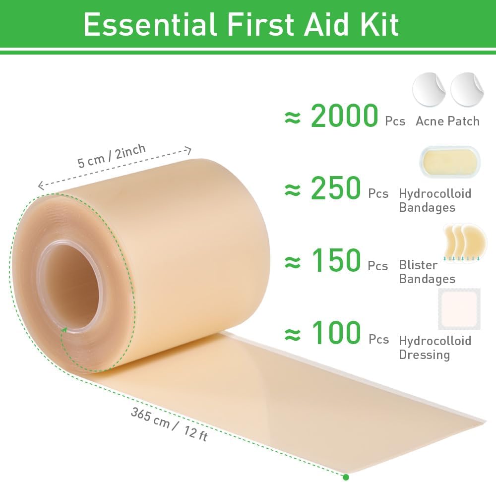 Hydrocolloid Roll for Wound Care 2in*12ft, Large Hydrocolloid Bandages Patch with Self-Adhesive Waterproof Ultra Absorbent Flexible DIY Size & Shape First Aid Kit Essential