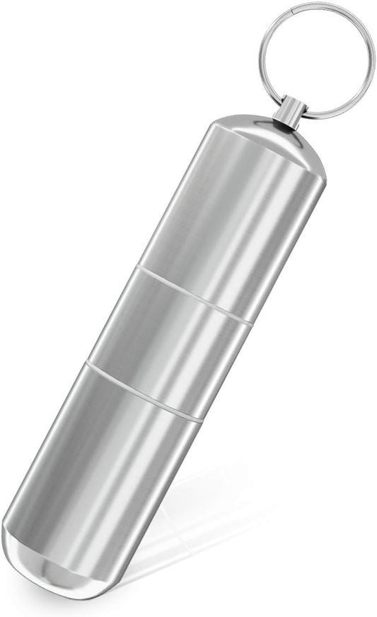 Minisland Large Portable Metal Aluminum Toothpicks Holder Dental Floss Picks Q-tip Pill Holder Keychain Outdoor Travel Small Container Waterproof Silver Color Dia.25mm -MSL143