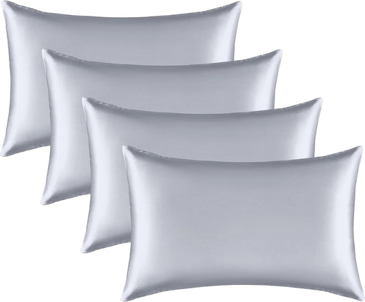 Satin Silk Pillowcase for Hair and Skin, Black Pillow Cases Standard Size Set of 4 Pack Super Soft Pillow Case with Zipper Closure (Silver, King (4 Pack))