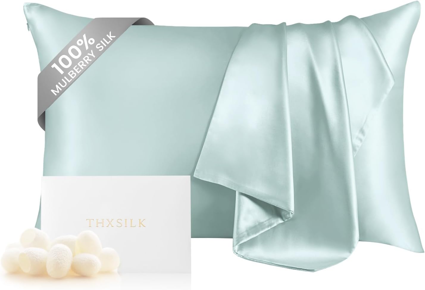 THXSILK Mulberry Silk Pillowcase for Hair and Skin, 100% Mulberry Silk Bed Pillowcase, Hypoallergenic Soft Breathable Silk Pillow Case with Hidden Zipper, King Pillow Case 20"x36", Light Blue