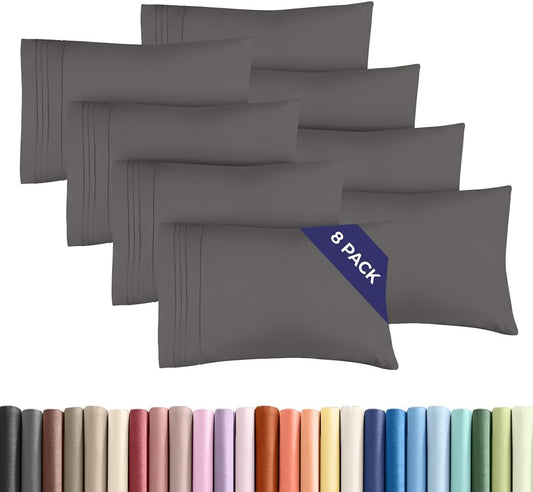 Standard Pillow Cases Set of 8 - Ultra Soft Hotel Quality Pillowcase Covers - Comfy, Cozy & Wrinkle Free - Shrink, Stain & Fade Resistant - Machine Washable Pillow Protectors - 8 Piece Set - Dark Grey