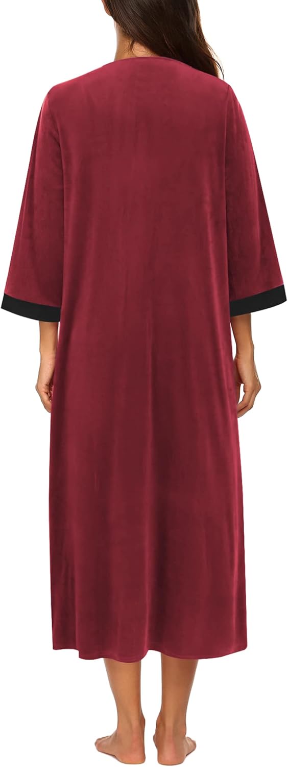 Ekouaer Women Zipper Robe 3/4 Sleeves Loungewear Dress Full Length Sleepwear Pockets Housecoat Nightgown Long Bathrobe