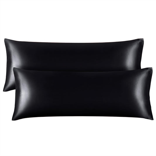 BEDELITE Satin Body Pillow Cover 2 Pack, Super Soft and Cooling Body Pillow Pillowcase for Hair and Skin, Breathable Silky Full Long Pillowcase Cover(20"x54", Black)