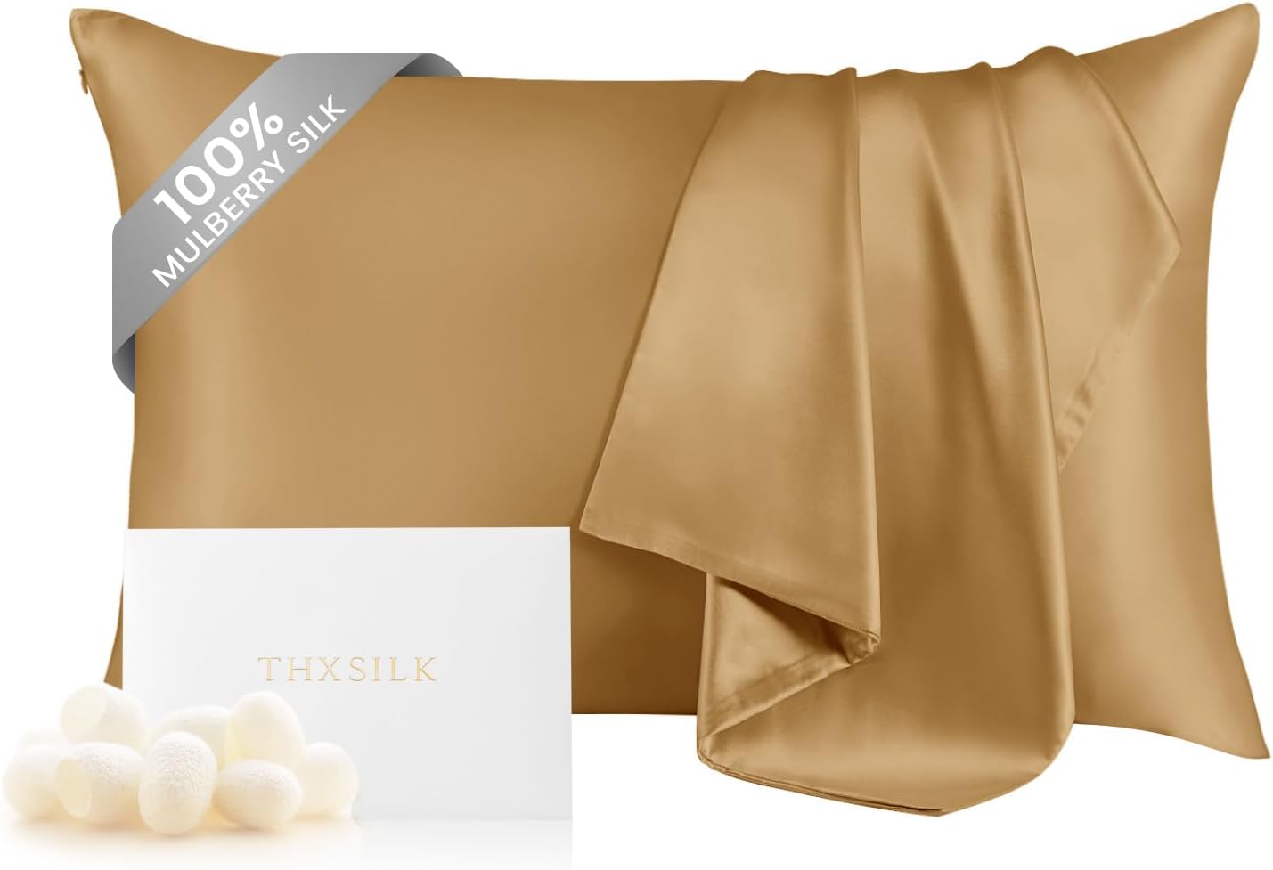 THXSILK 100% Mulberry Silk Pillowcase for Hair and Skin Health, Natural Mulberry Silk Pillowcase with Hidden Zipper, Both Sides Grade 6A+ Silk, 1pc (Standard 20"x26", Metallic Gold)