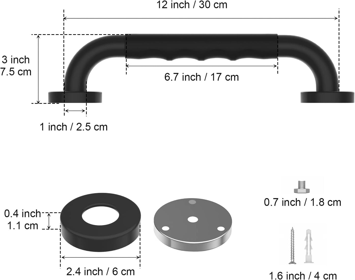 2 Pack 12 Inch Anti-Slip Shower Grab Bars w/Rubber Grip, iMomwee Stainless Steel Bathroom Wall Mount Matte Black Grab Bar Handle, Safety Balance Handrail, Handicap Elderly Senior Assist Bath Handle