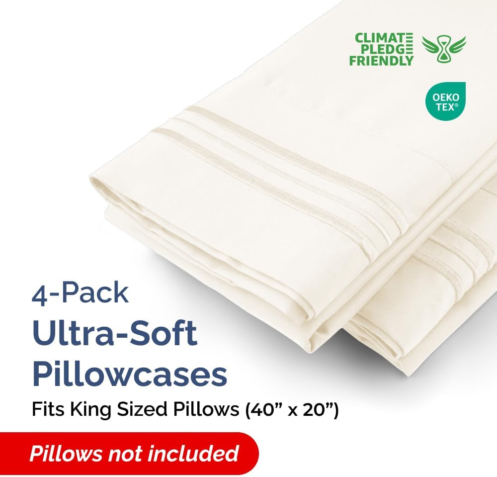 King Pillow Cases Set of 4 - Ultra Soft Hotel Quality Pillowcase Covers - Comfy, Cozy & Wrinkle Free - Shrinkage, Stain & Fade Resistant - Machine Washable Pillow Protectors - 4 Piece Set - Off White