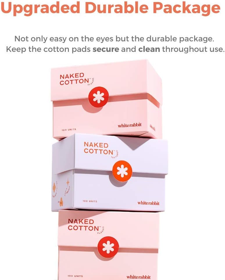White Rabbit – Naked Cotton Textured – Unbleached Perforated Cotton Pads for Toner, Makeup Removal & Masks | Lint-Free, Exfoliating, Natural & Cruelty-Free | Korean Skin Care Product (100 Count)
