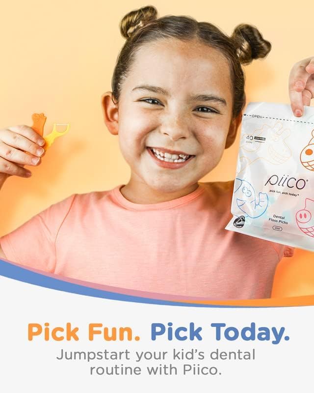 Piico Unflavored Kids Floss - No Fluoride Dual Line Dental Floss Picks - Fun Oral Care in Colorful Floss Sticks Design - Flossers Prevent Tooth Decay & Gum Disease - 300 Playground Zoo & Travel Case