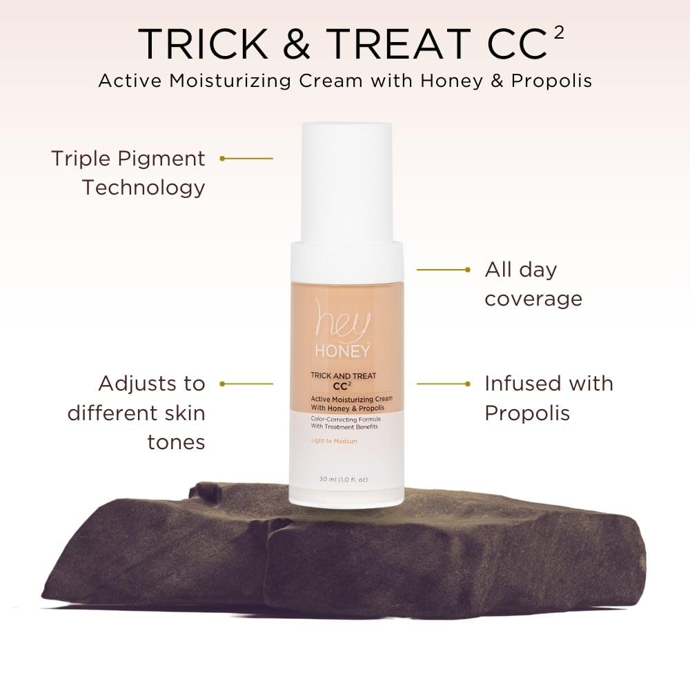 Hey Honey Trick and Treat CC² Cream SPF 46 | Active Moisturizing Color Correcting Cream with Honey & Propolis | Best Cover For Rosacea, Skin Redness & Mature Skin | Cruelty-Free | 1 oz (Light Tone)