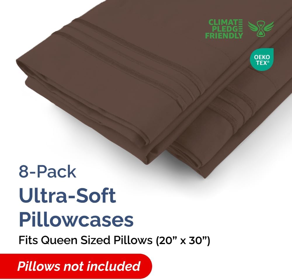 Queen Pillow Cases Set of 8 - Ultra Soft Hotel Quality Pillowcase Covers - Comfy & Wrinkle Free - Shrink, Stain and Fade Resistant - Easy-Care, Machine Washable Pillow Protectors - 8 Pcs Set - Brown