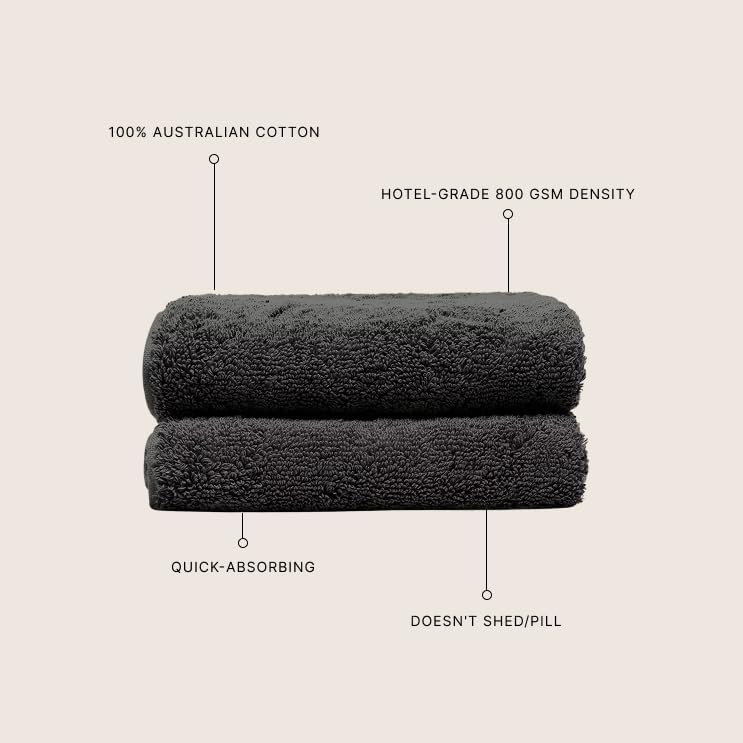 Italic Ultraplush 100% Australian Cotton Hand Towels - Set of 2 Luxury Hand Towels, Ultra Soft and Highly Absorbent 800GSM Towels for Bathroom,Shower, Hotel, and Spa (Charcoal)