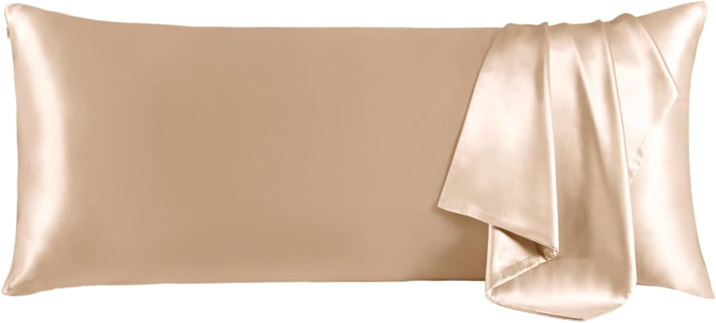 THXSILK Set of 2 100% Mulberry Silk Pillowcase for Hair and Skin Health, Soft Breathable and Smooth Pillowcases with Hidden Zipper, Both Sides Premium Grade 6A+ Silk, Body Size 20"x54", Beige