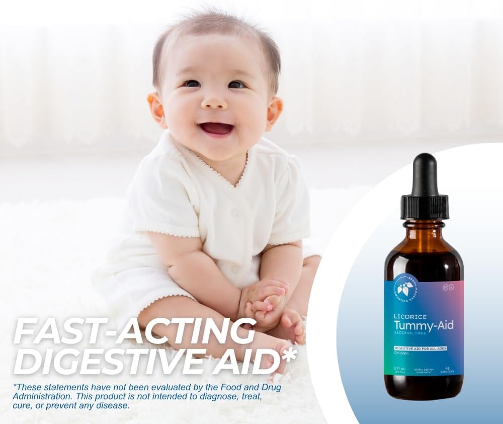 Mountain Meadow Herbs Licorice Tummy-Aid for Babies & Kids – Gas Relief Drops for Colic, Upset Stomach, Reflux & Bloating – Natural, Alcohol-Free Liquid Formula – 2 oz