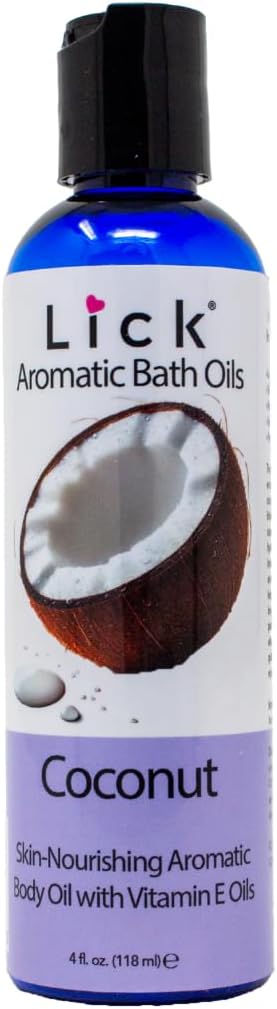 Lick Coconut Aromatic Bath Oil - Natural Sweet Almond, Vitamin E & Jojoba Oils for Luxurious Experience for Women. Moisturizes Dry Skin, 12 Enchanting Aromas, Paraben Free, Made in USA 4 fl oz