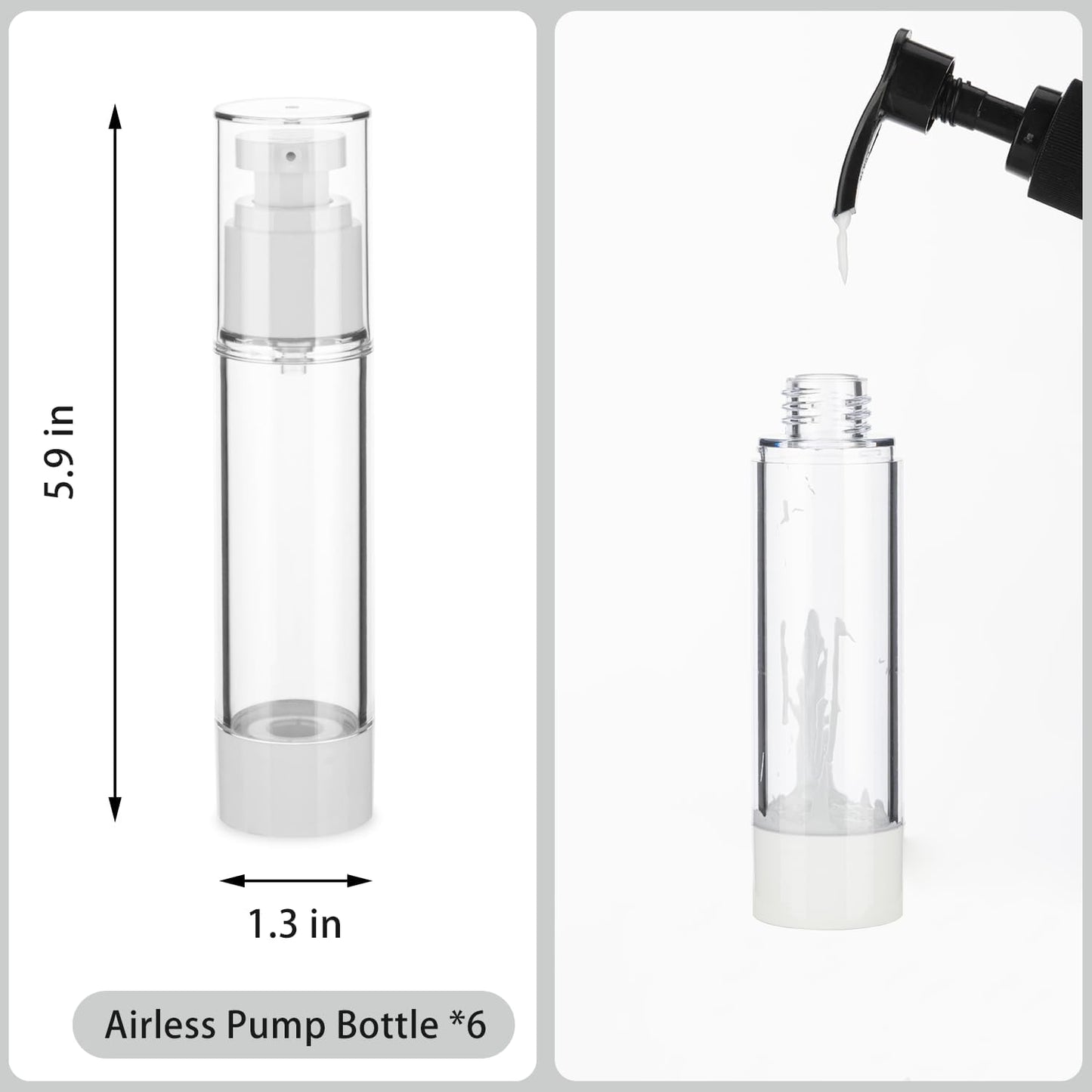 1.7OZ/50ML Clear Airless Pump Bottles, Lotion Dispenser Travel with Pump, Vacuum Plastic Travel Size Lotion Bottle for Foundation, Creams, Cosmetic(6 Pack)