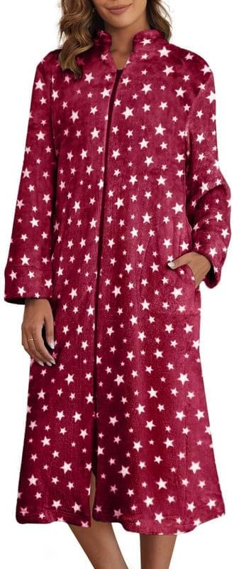Ekouaer Women's Zip Up Robe Fleece Bathrobe Long Zipper Lounger Warm Housecoat Long Sleeve Nightgown with Pockets S-XXL