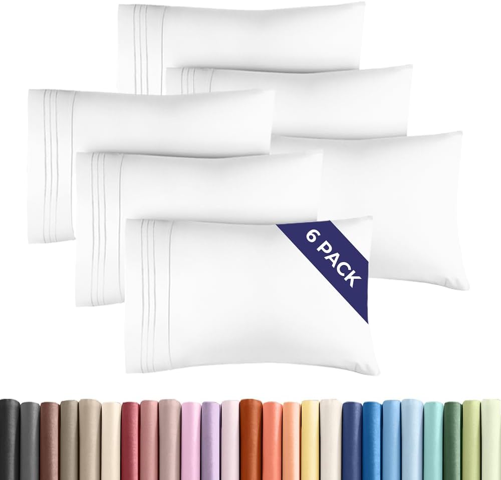 Standard Pillow Cases Set of 6 - Ultra Soft Hotel Quality Pillowcase Covers - Comfy, Cozy & Wrinkle Free - Shrink, Stain and Fade Resistant - Machine Washable Pillow Protectors - 6 Piece Set - White