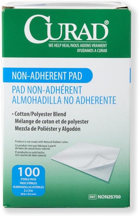 Curad Sterile Nonadherent Pad, Soft, Perforated, Absorbent, Cotton/Polyester, 2" x 3", Sterile, 100 pads