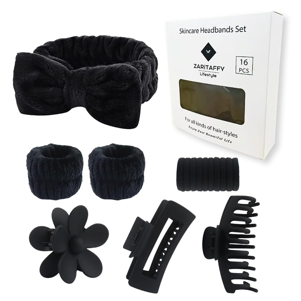 16pcs Skincare Headband Set, Headband Set for Face Washing Spa and Makeup, Including 1 Hairband, Wristband, 3 Hair Claw Clips and 10 Hair Ties, with Box, Gift for Women and Girls, Black