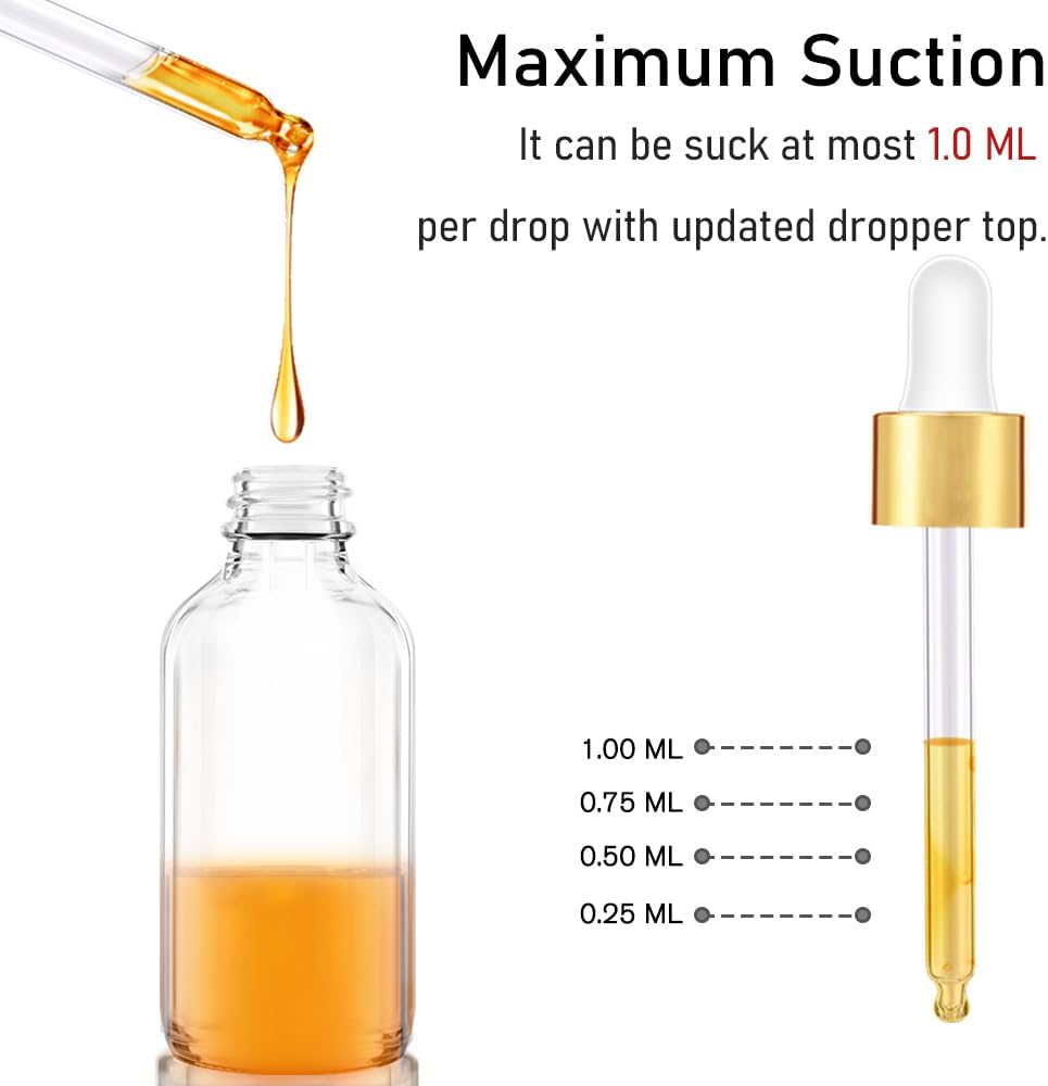 Bumobum 2 oz Dropper Bottle, 24 pack Clear Glass Eye Dropper Bottles with Golden Top Cap for Essential Oils, Tincture Bottle with Labels and Funnel