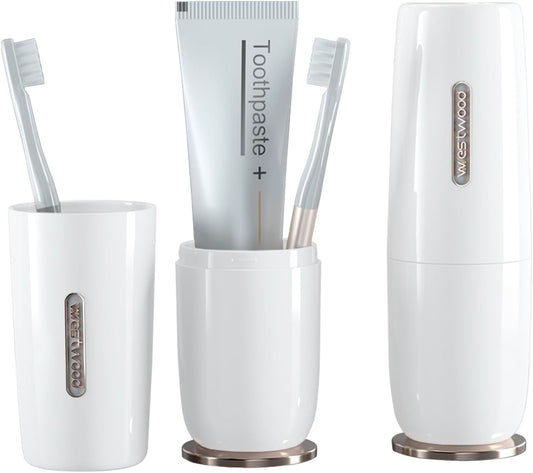Luxury White Plastic Travel Toothbrush Holder Case with Cover, Portable Travel Toothbrush Cup, Storage Container for School Camping Business Trip Bathroom