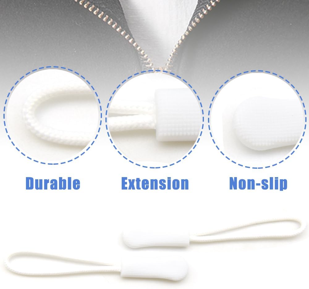 Ruidee 50 Pieces Zipper Pulls Zipper Tabs Zipper Pull Cord Extender Replacement Zipper Pulls for Backpacks, Jackets, Luggage, Purses, Handbags（White）