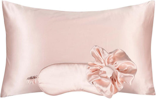 Vegan Silk Sleep Set, Vegan Silk Pillowcase with Large Scrunchie and Eye Mask for Hair and Skin, Self Care Essential Satin Night Routine Kit (Blush Color)