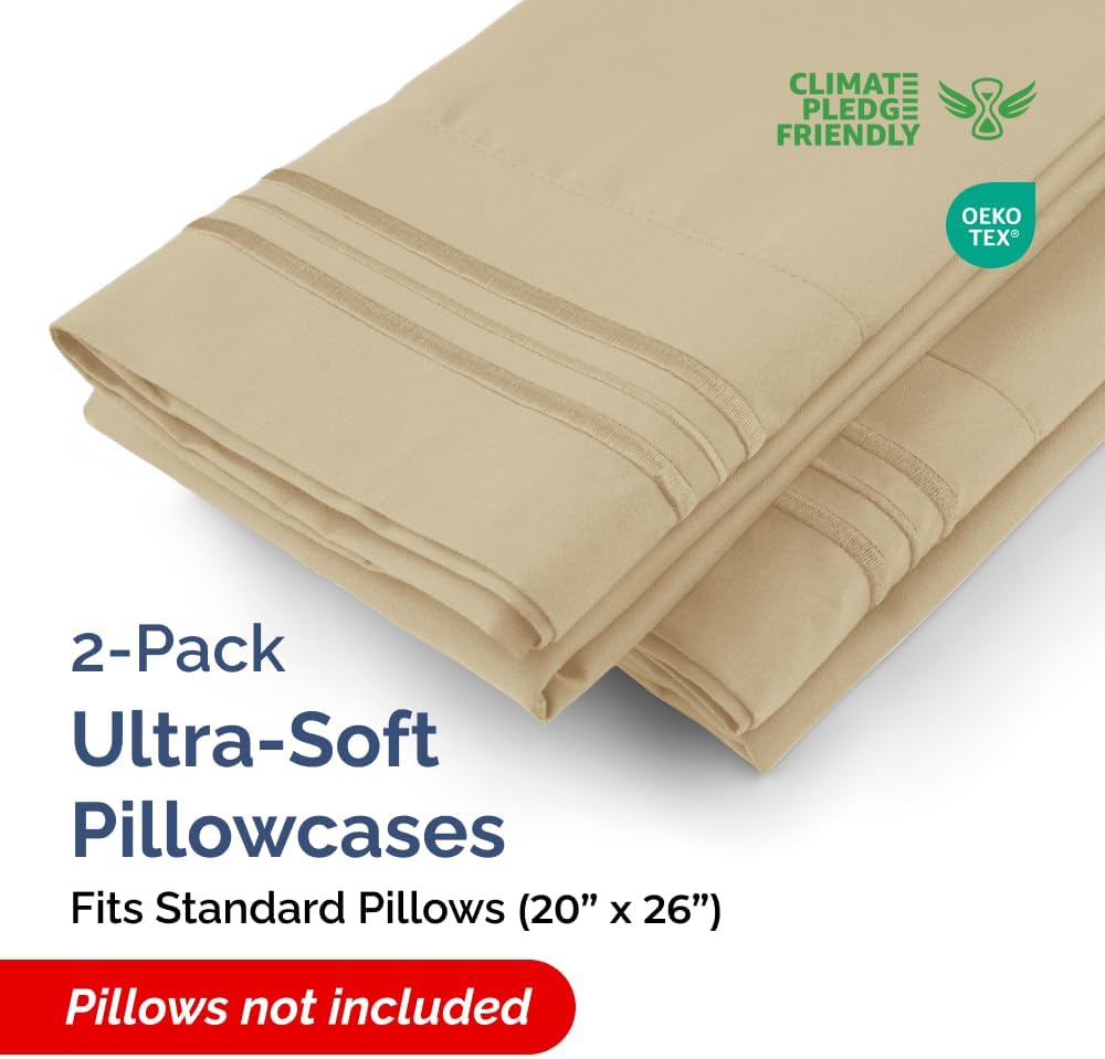 Standard Pillow Cases Set of 2 - Ultra-Soft Hotel Quality Pillowcase Covers - Comfy & Wrinkle Free - Stain and Fade Resistant - Machine Washable Pillow Protectors - 2 Piece Set - Standard Size Beige