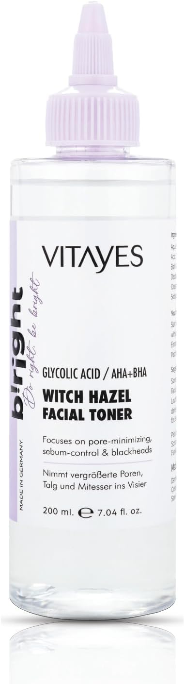 VITAYES b!Right Witch Hazel Toner for Face AHA, BHA & Glycolic Acid - Pore Reducing & Deep Cleansing - Premium Skin Care Essence for Radiant Beauty 6.76 Fl Oz (Pack of 1)