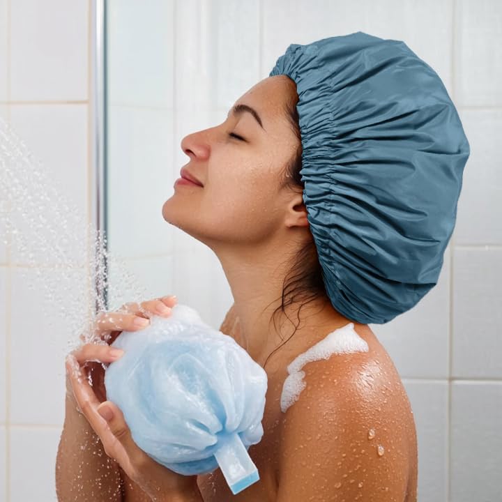Reusable Shower Cap for Women, Large Waterproof Shower Essentials Bonnet Washable Elastic Band Bath Hair Wrap Hat for Long Hair, Braids(Haze Blue)