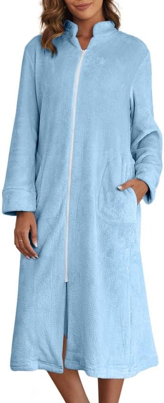 Ekouaer Women's Zip Up Robe Fleece Bathrobe Long Zipper Lounger Warm Housecoat Long Sleeve Nightgown with Pockets S-XXL
