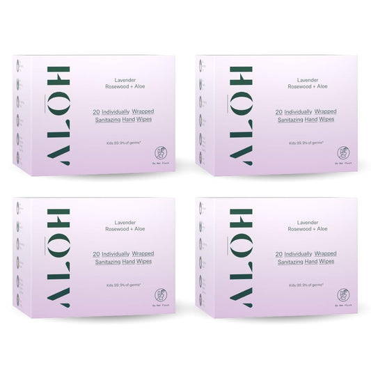 ALŌH Skin- Softening Sanitizing Hand Wipes – Lavender Rosewood + Aloe- 4 boxes of 20ct Individually Wrapped Wipes (80 Wipe)
