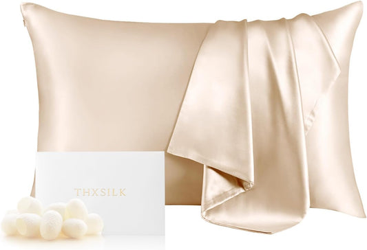 THXSILK 100% Mulberry Silk Pillowcase for Hair and Skin, Grade 6A+ Mulberry Silk Pillow Case, Hypoallergenic Pillow Case Cover with Zipper, 1pc (Queen 20"x30", Beige)