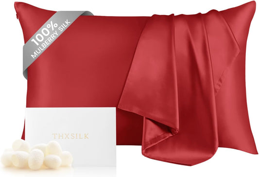 THXSILK 100% Pure Mulberry Silk Pillowcase for Hair and Skin, Grade 6A+ Mulberry Silk, Durable, Soft and Breathable Silk Pillow Case with Zipper(King Size 20"x36", Red)
