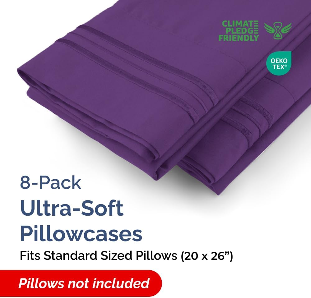 Standard Pillow Cases Set of 8 - Ultra Soft Hotel Quality Pillowcase Covers - Comfy, Cozy & Wrinkle Free - Shrink, Stain and Fade Resistant - Machine Washable Pillow Protectors - 8 Piece Set - Purple