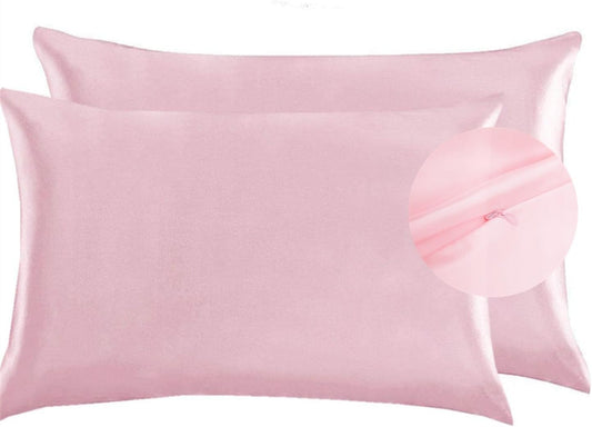 JUWENIN,Luxury Satin Pillowcase with Zipper (Silky Satin Pillow Case for Hair) Set of 2 (King, Pink)