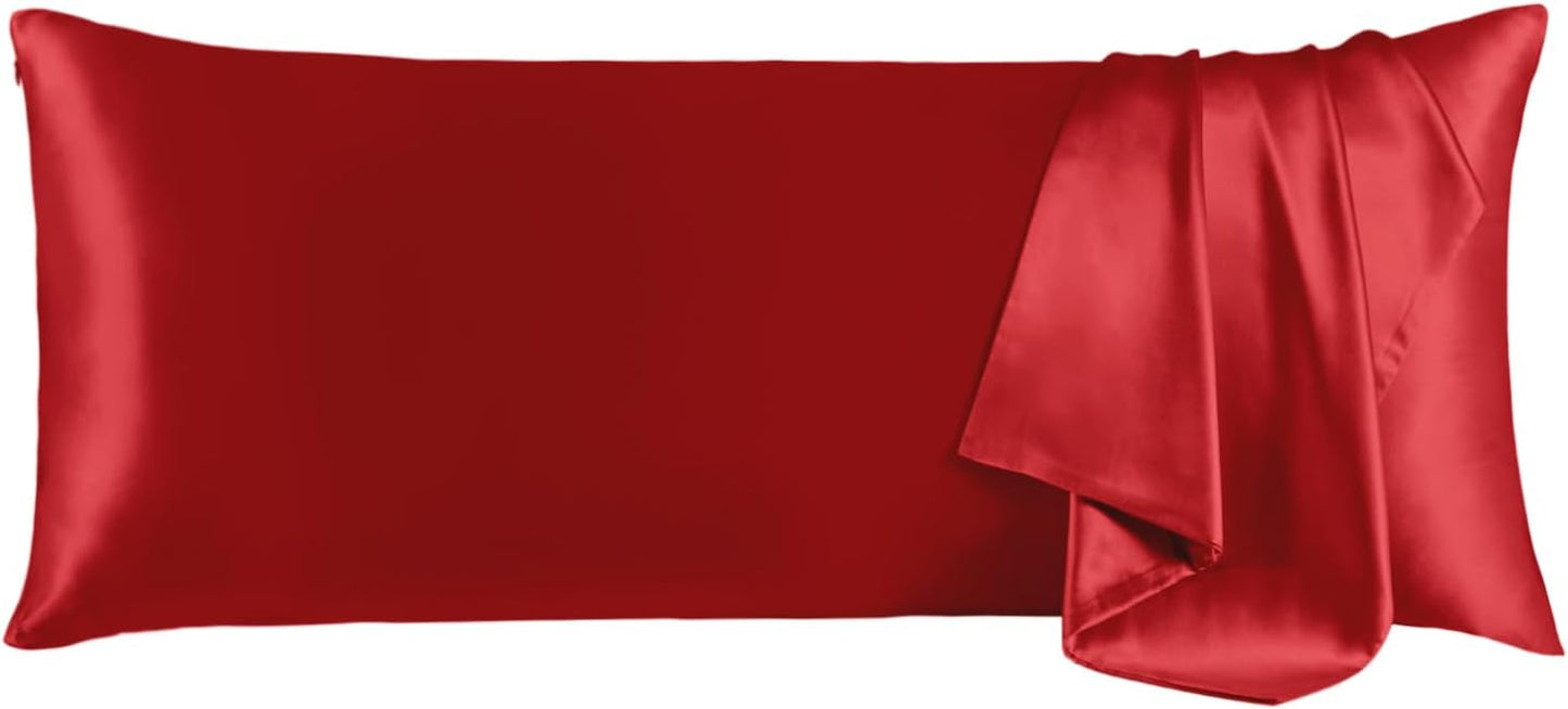 THXSILK 100% Pure Mulberry Silk Pillowcase for Hair and Skin, Grade 6A+ Real Mulberry Silk Body Pillowcase with Zipper, Ultra-Soft Breathable Silk Pillowcase(Red, Body Size 20"x54")