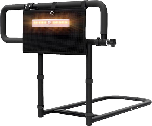 Foldable Bed Rails for Elderly Adults - 300 lbs Weight Capacity, 5-Level Height & 3-Level Arm Adjustment, Portable Bed Assist Rail with Night Light & Storage Bag, No-Drill Installation
